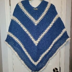 Blue and White Women's Sweater Poncho